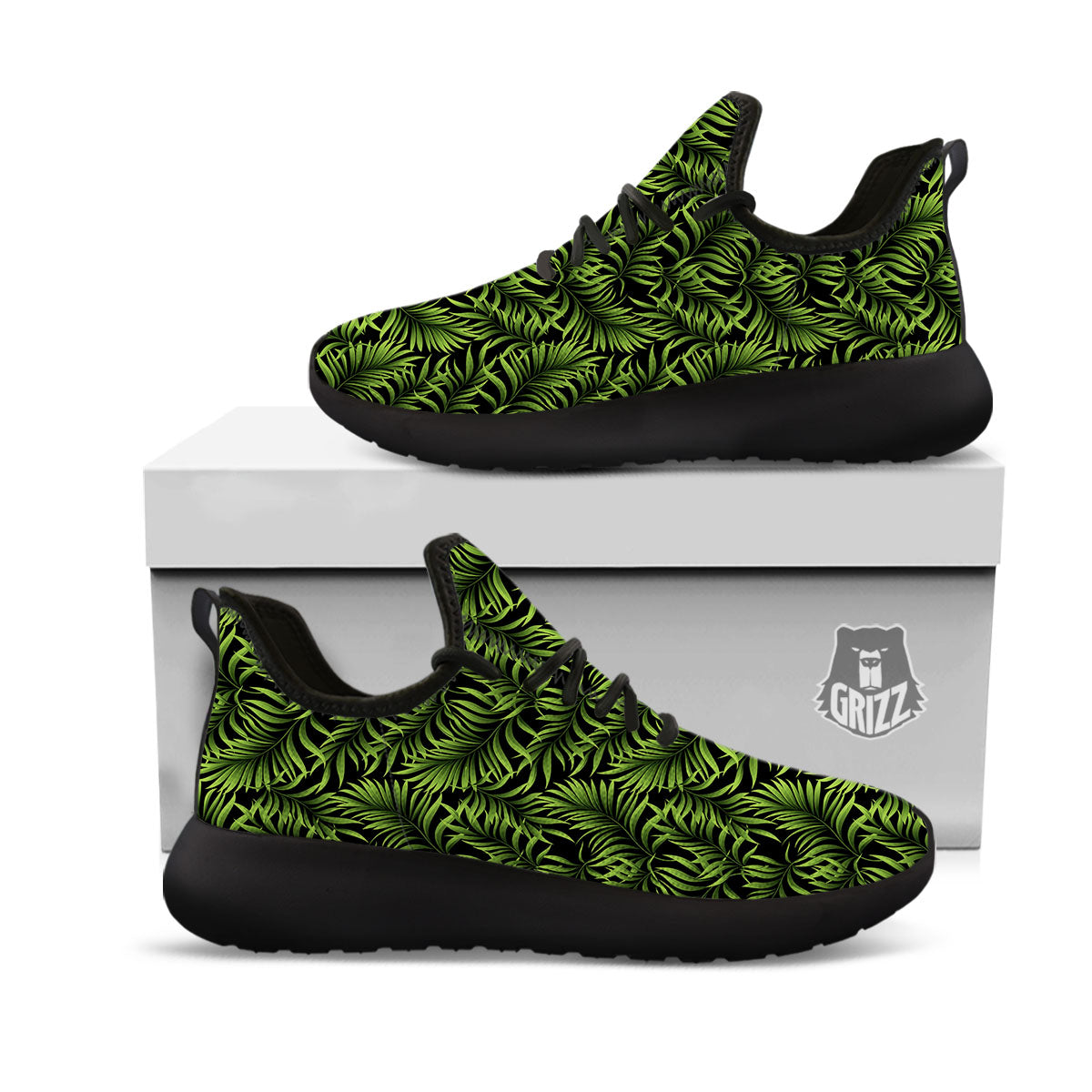 Palm Leaf Green Tropical Print Pattern Black Athletic Shoes-grizzshop