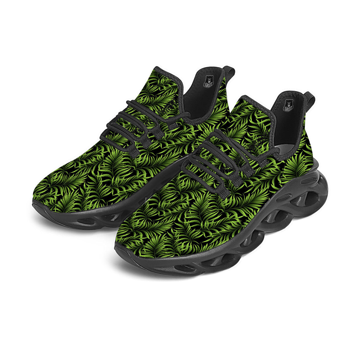 Palm Leaf Green Tropical Print Pattern Black Running Shoes-grizzshop