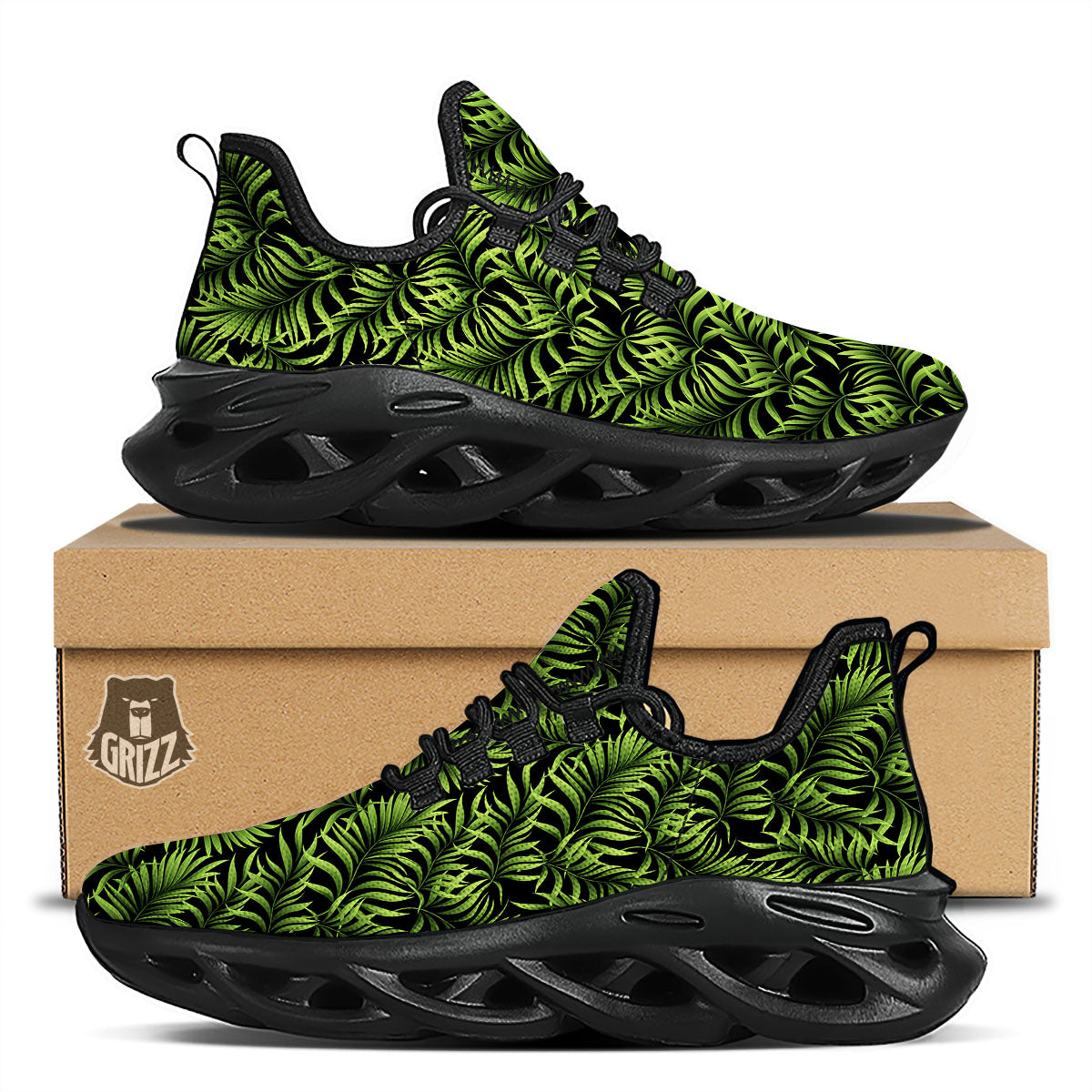 Palm Leaf Green Tropical Print Pattern Black Running Shoes-grizzshop