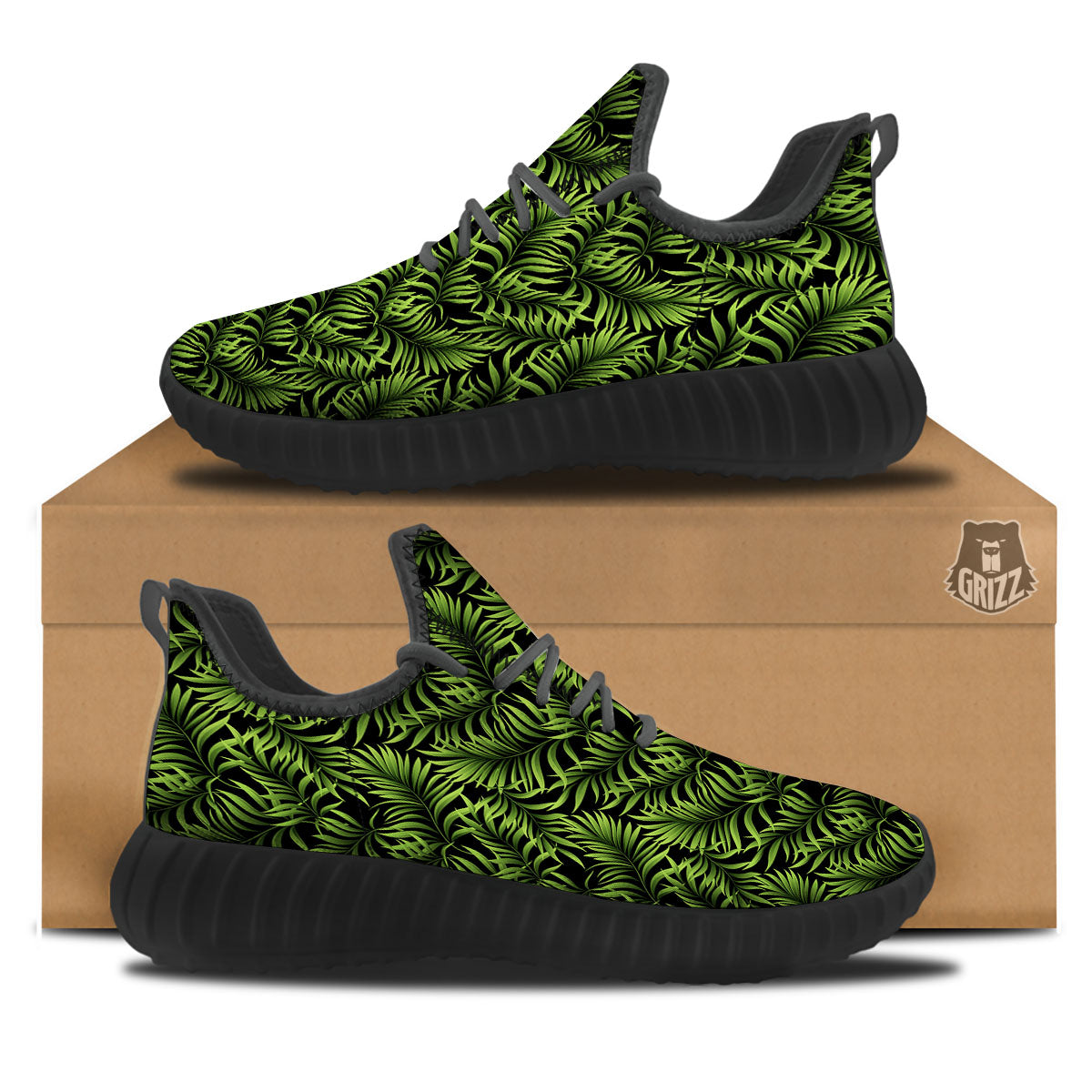 Palm Leaf Green Tropical Print Pattern Black Walking Shoes-grizzshop
