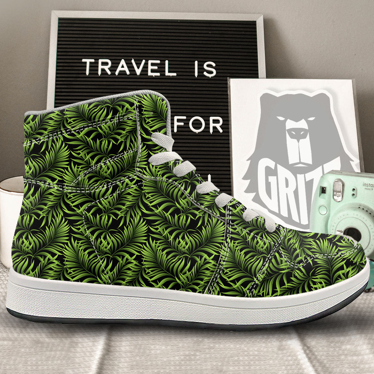 Palm Leaf Green Tropical Print Pattern High Top Sneakers-grizzshop