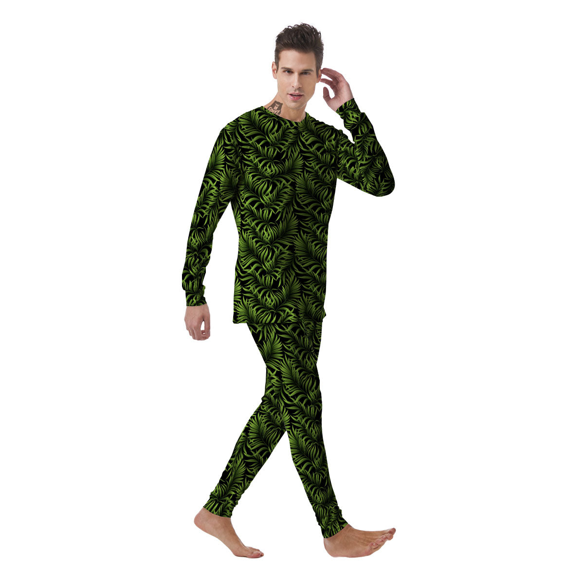 Palm Leaf Green Tropical Print Pattern Men's Pajamas-grizzshop