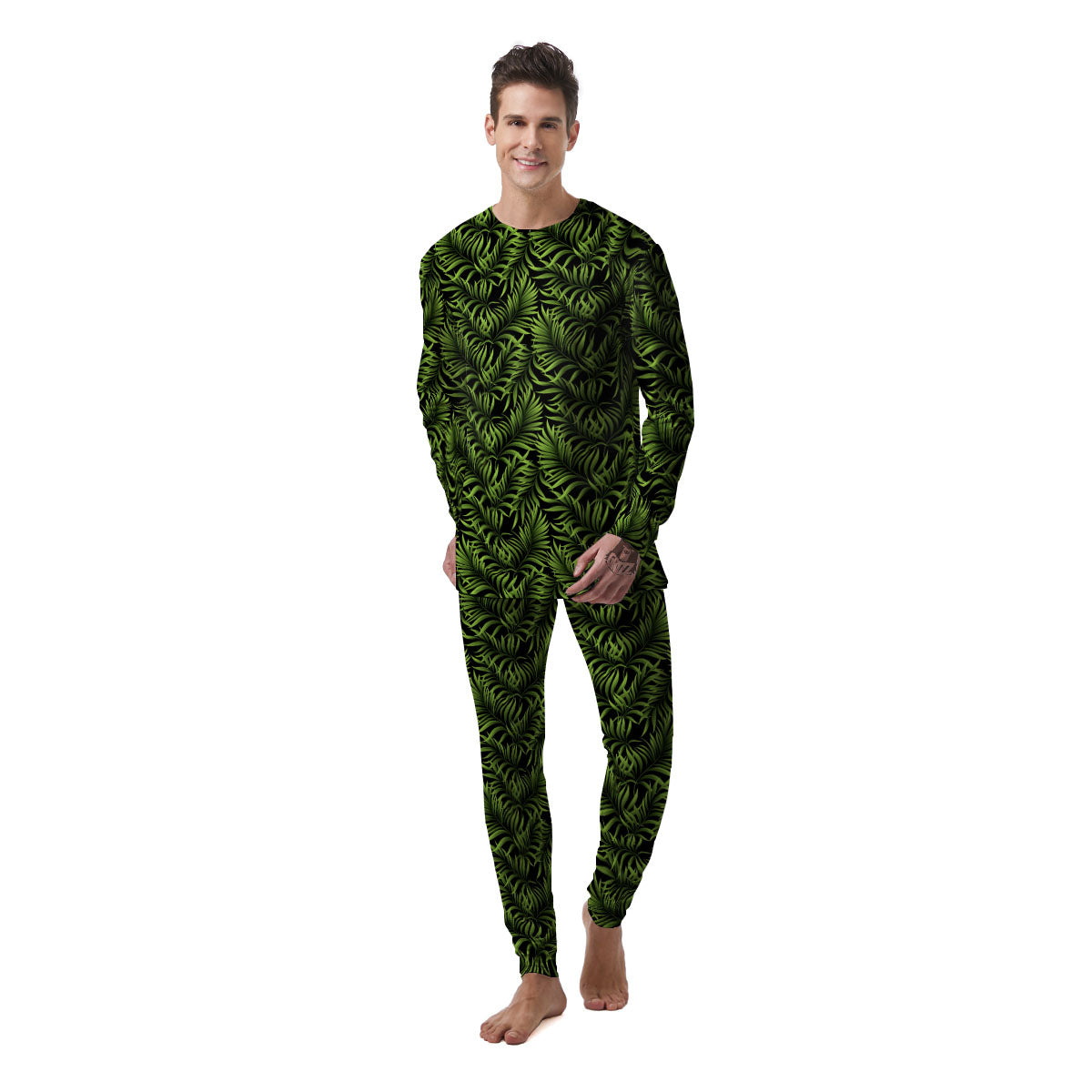 Palm Leaf Green Tropical Print Pattern Men's Pajamas-grizzshop