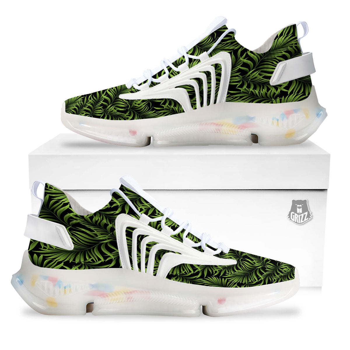Palm Leaf Green Tropical Print Pattern White Gym Shoes-grizzshop