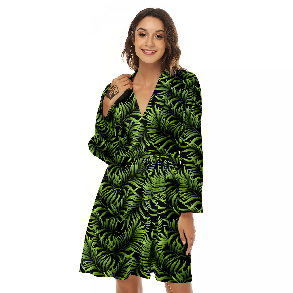 Palm Leaf Green Tropical Print Pattern Women's Robe-grizzshop