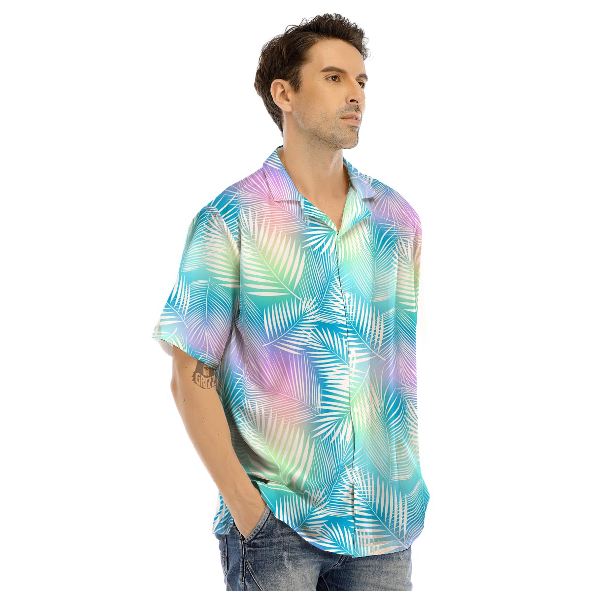 Palm Leaf Hawaiian Print Men’s Hawaiian Shirt-grizzshop