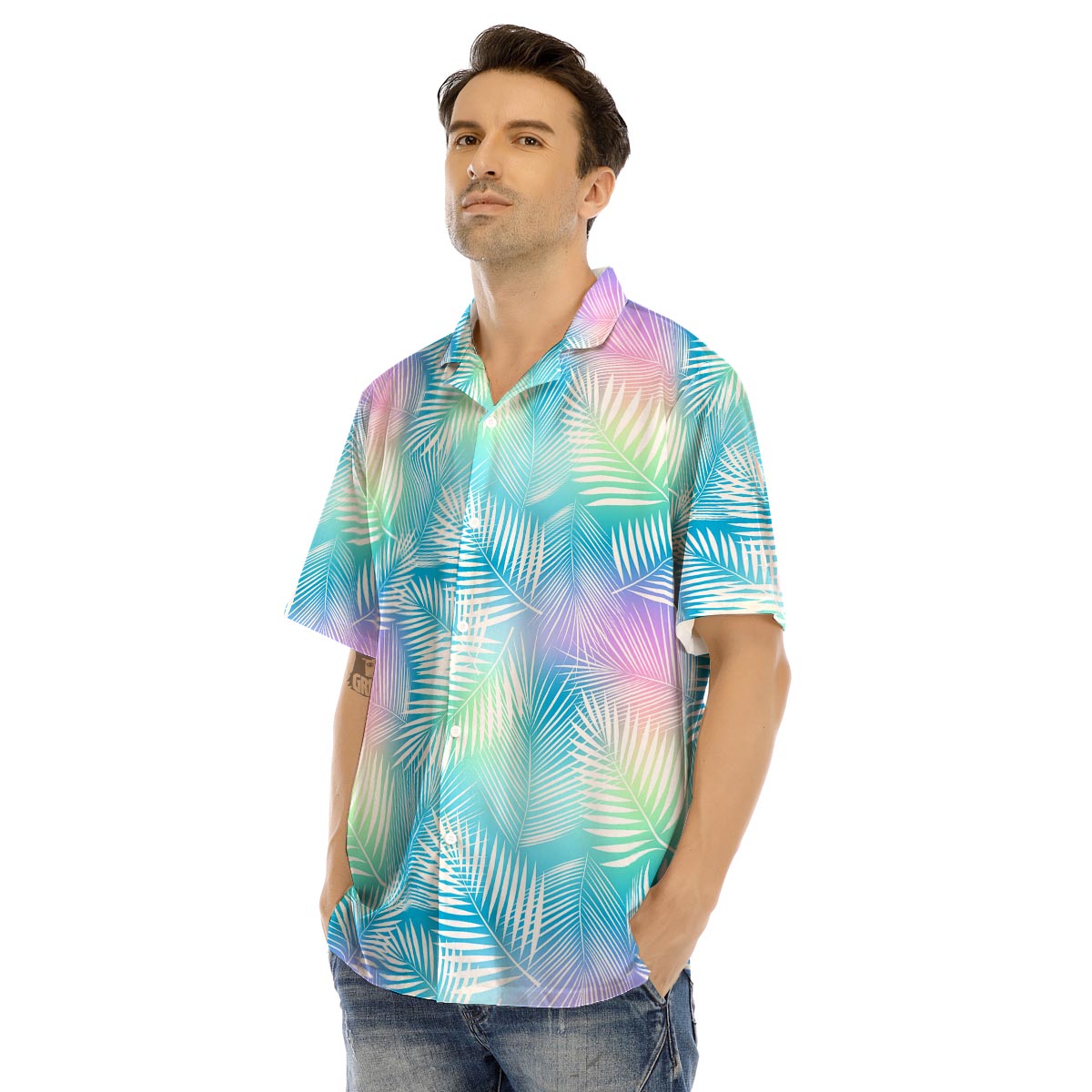 Palm Leaf Hawaiian Print Men’s Hawaiian Shirt-grizzshop