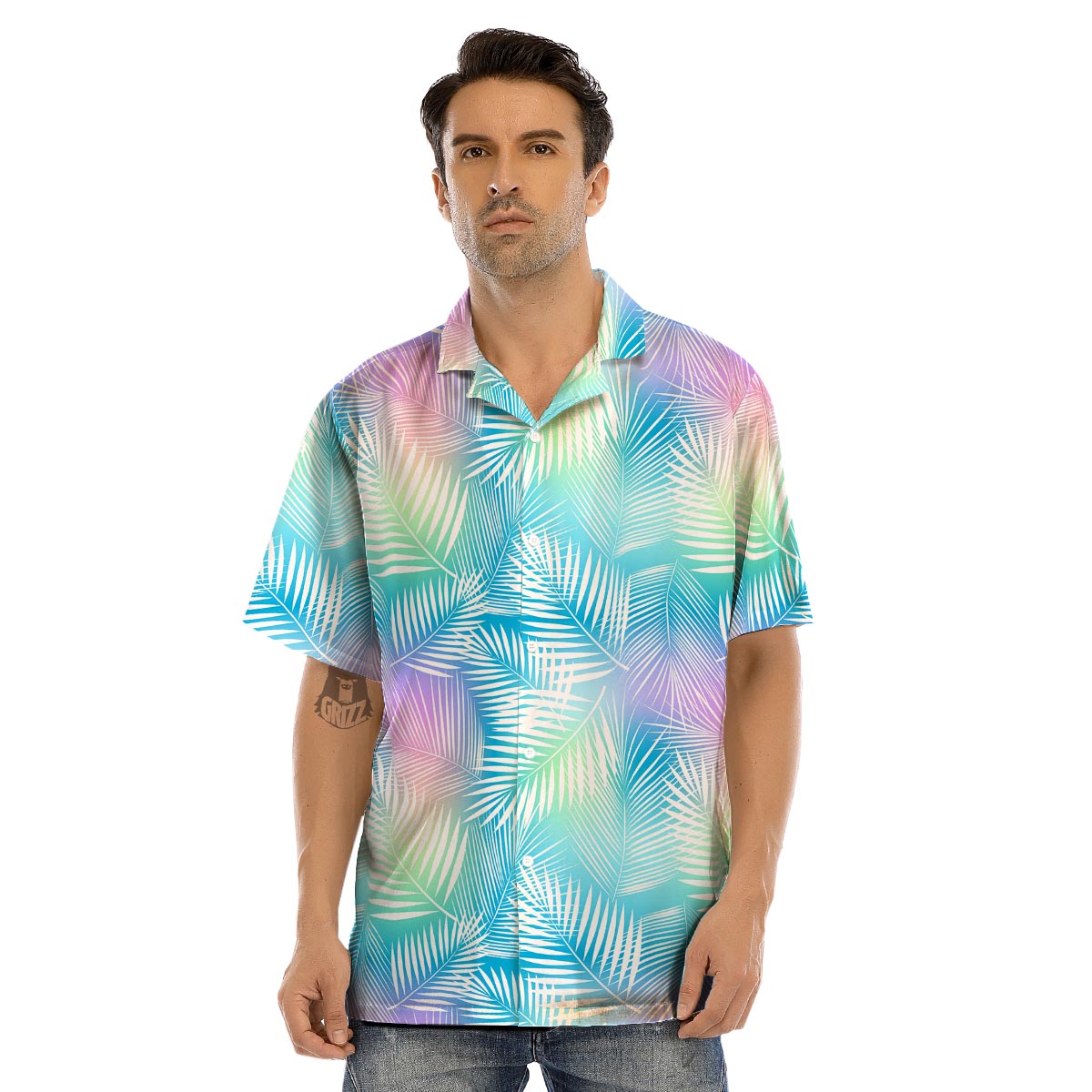 Palm Leaf Hawaiian Print Men’s Hawaiian Shirt-grizzshop