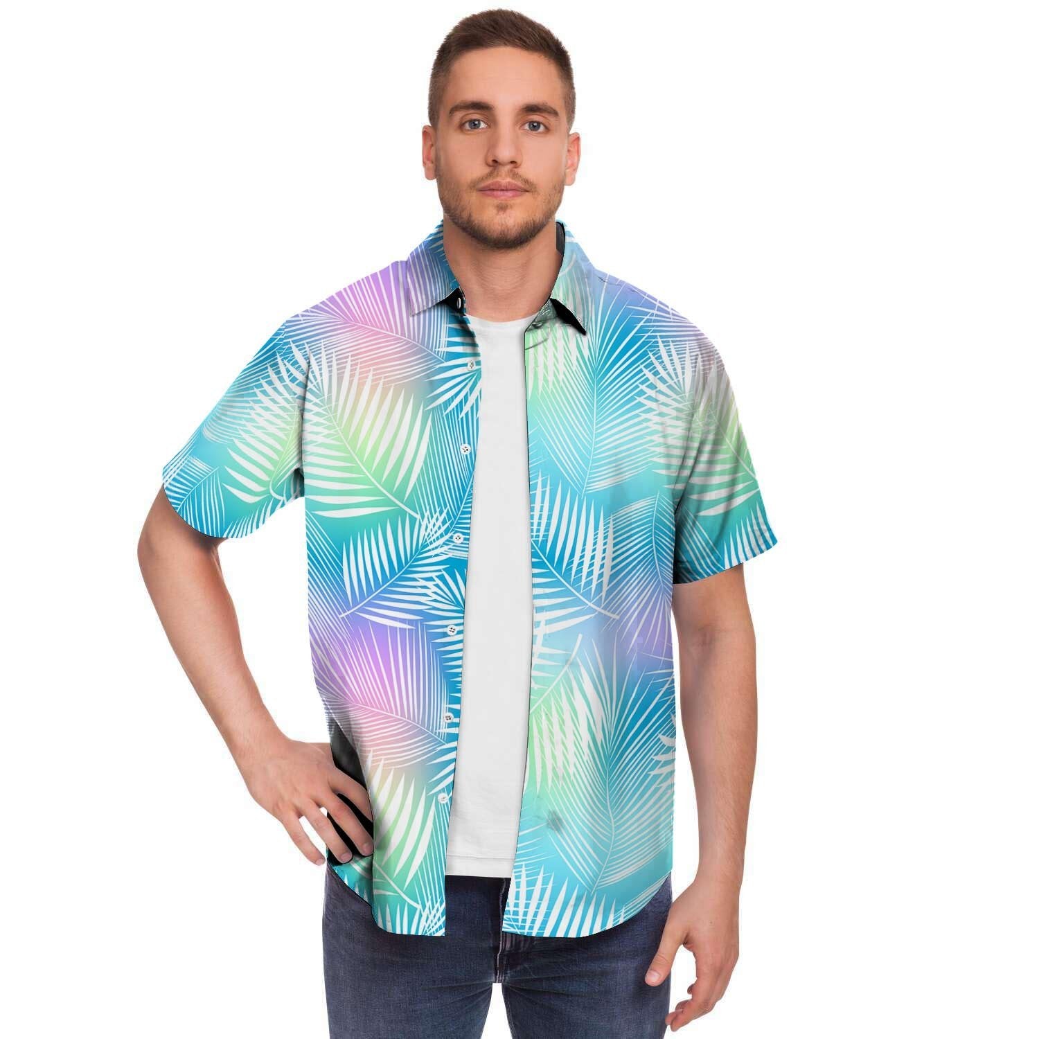 Palm Leaf Hawaiian Print Men's Short Sleeve Shirt-grizzshop