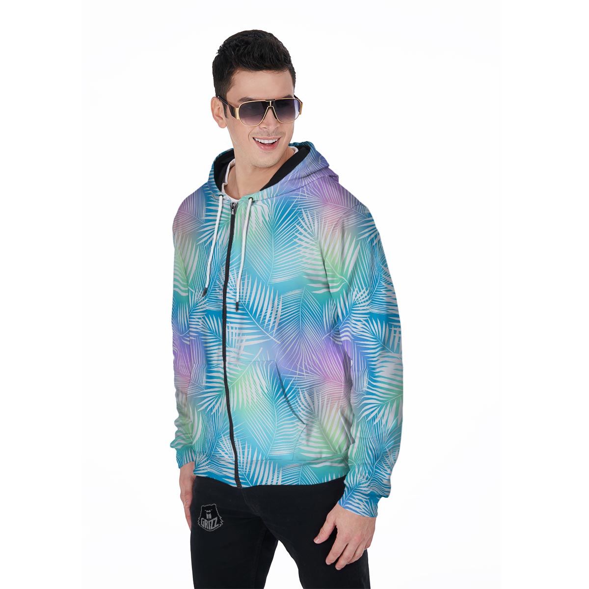 Palm Leaf Hawaiian Print Men's Zip Up Hoodie-grizzshop