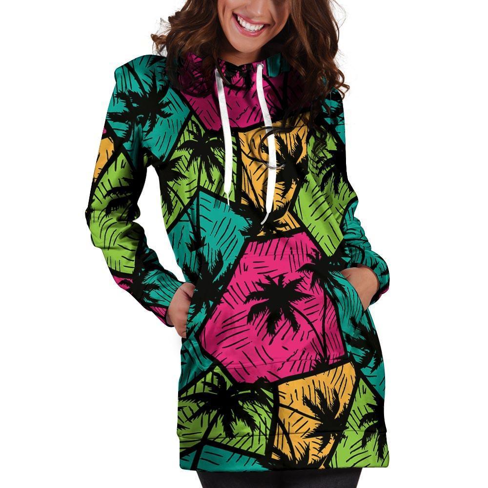 Palm Leaf Hawaiian Print Pattern Hoodie Dress-grizzshop