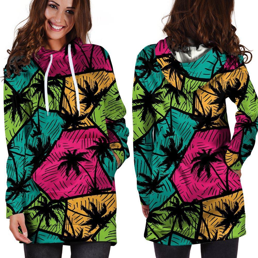 Palm Leaf Hawaiian Print Pattern Hoodie Dress-grizzshop