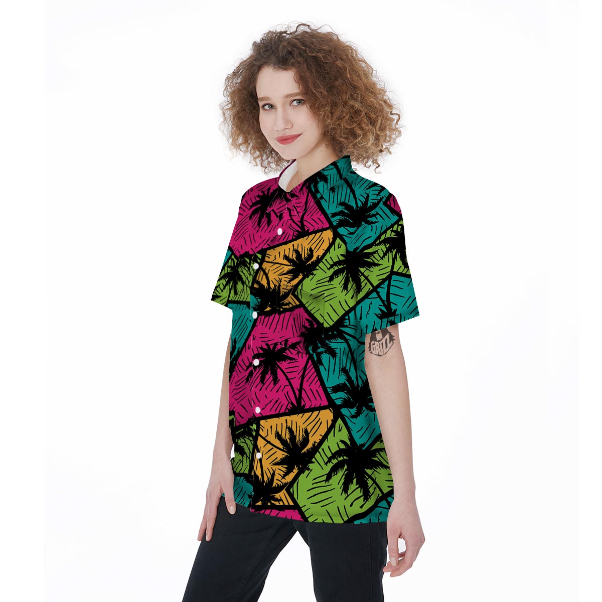 Palm Leaf Hawaiian Print Pattern Women's Short Sleeve Shirts-grizzshop