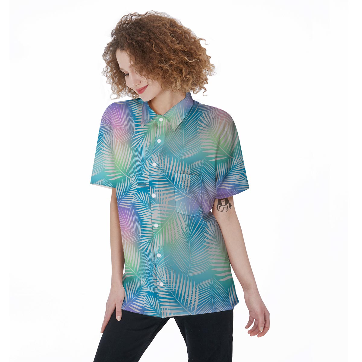 Palm Leaf Hawaiian Print Women's Short Sleeve Shirts-grizzshop
