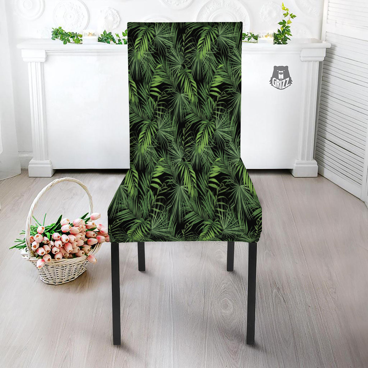Palm Leaf Night Tropical Print Pattern Dining Chair Slipcover-grizzshop