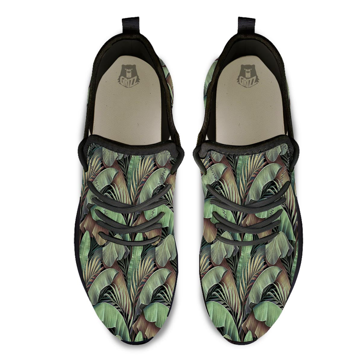 Palm Leaf Tropical Banana Print Pattern Black Athletic Shoes-grizzshop