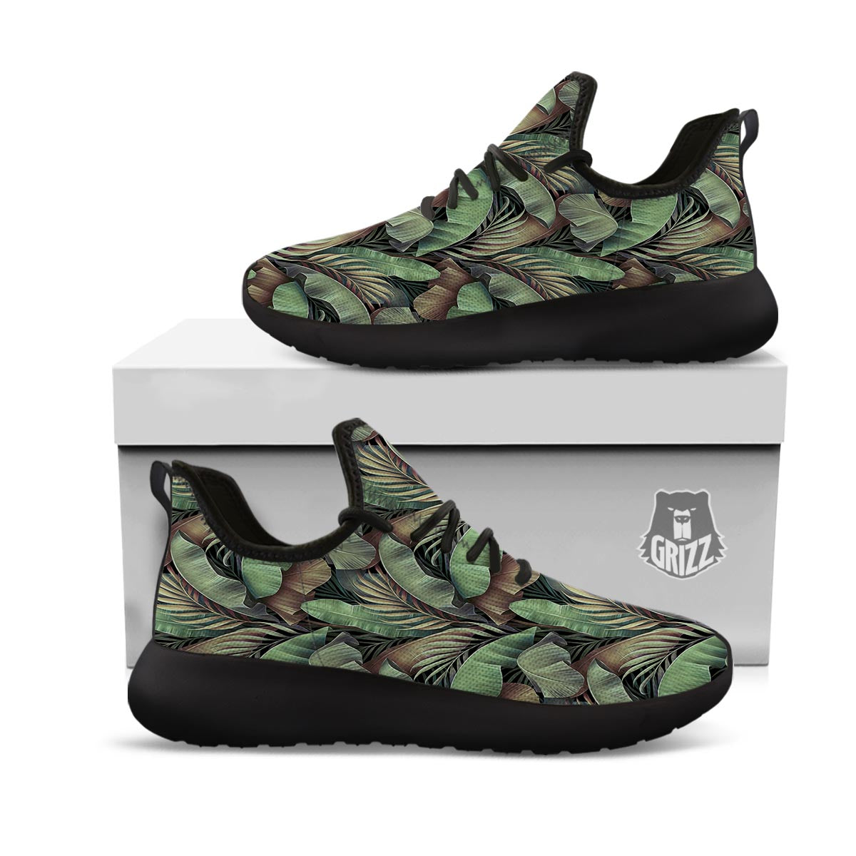 Palm Leaf Tropical Banana Print Pattern Black Athletic Shoes-grizzshop