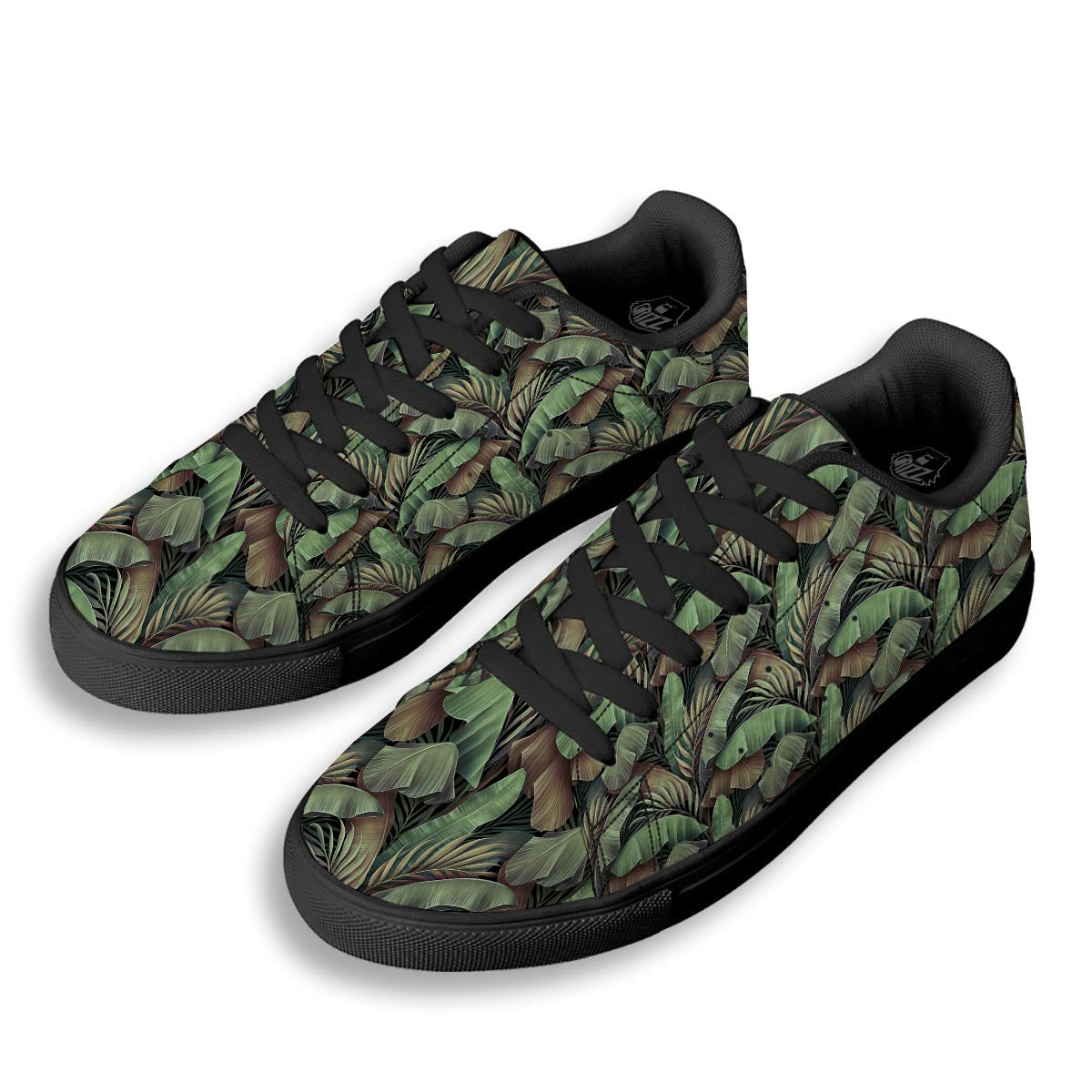 Palm Leaf Tropical Banana Print Pattern Black Low Top Sneakers-grizzshop