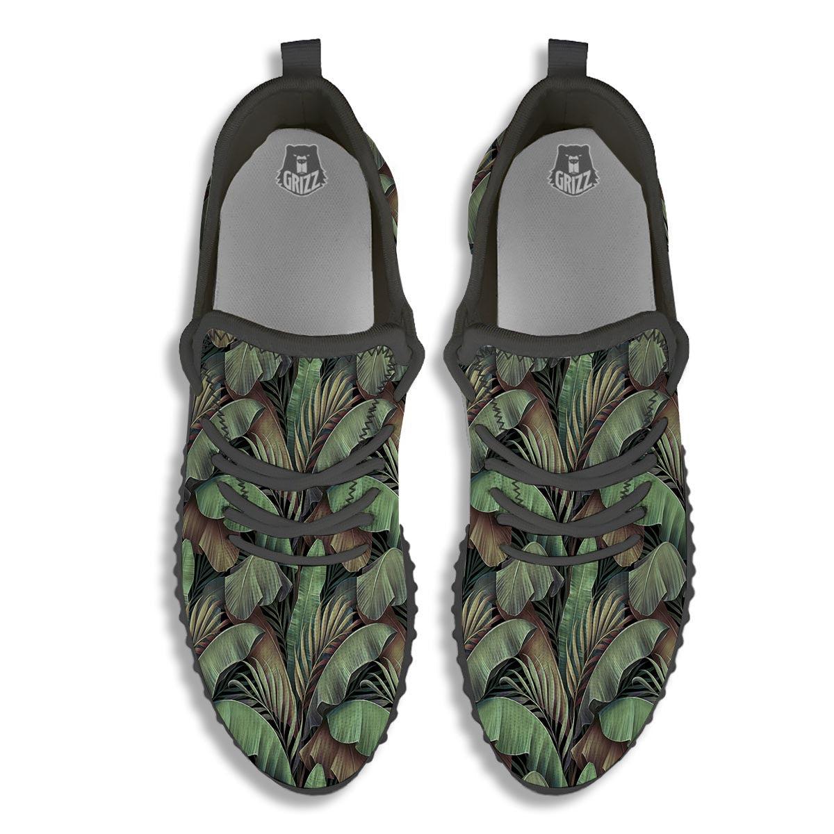 Palm Leaf Tropical Banana Print Pattern Black Walking Shoes-grizzshop