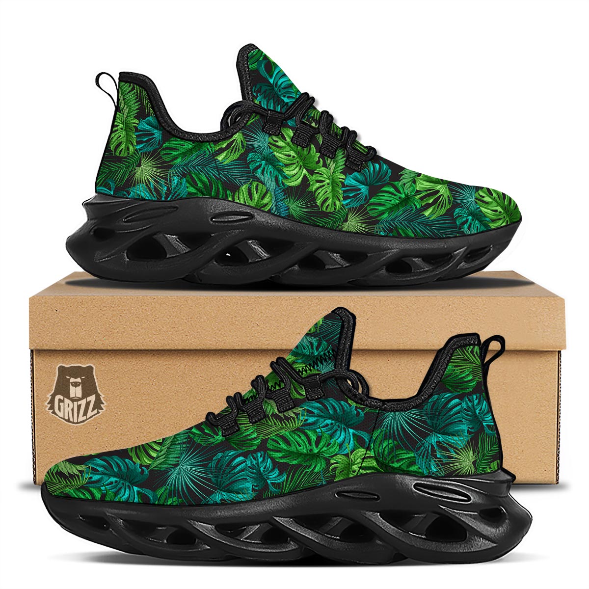 Palm Leaf Tropical Print Black Running Shoes-grizzshop
