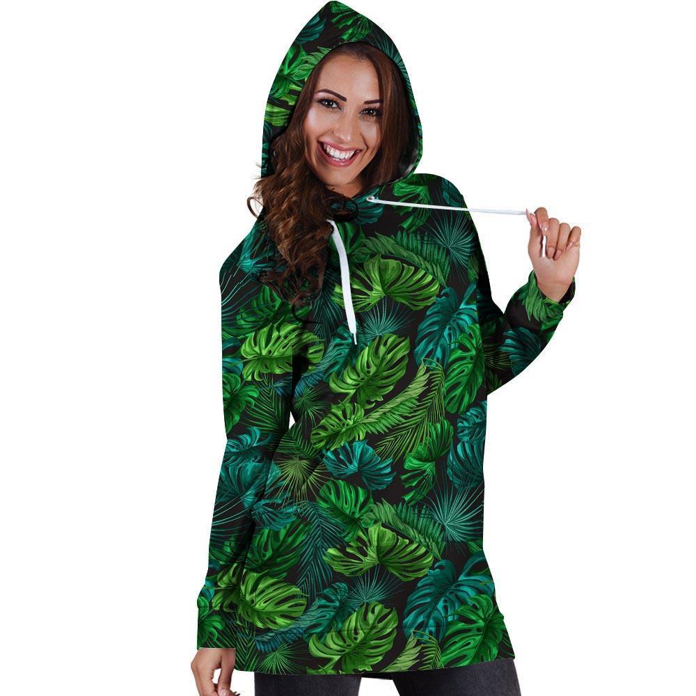 Palm Leaf Tropical Print Hoodie Dress-grizzshop