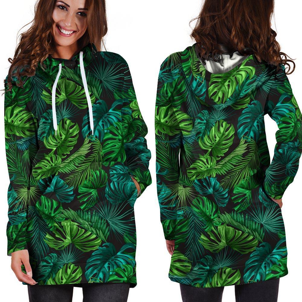 Palm Leaf Tropical Print Hoodie Dress-grizzshop