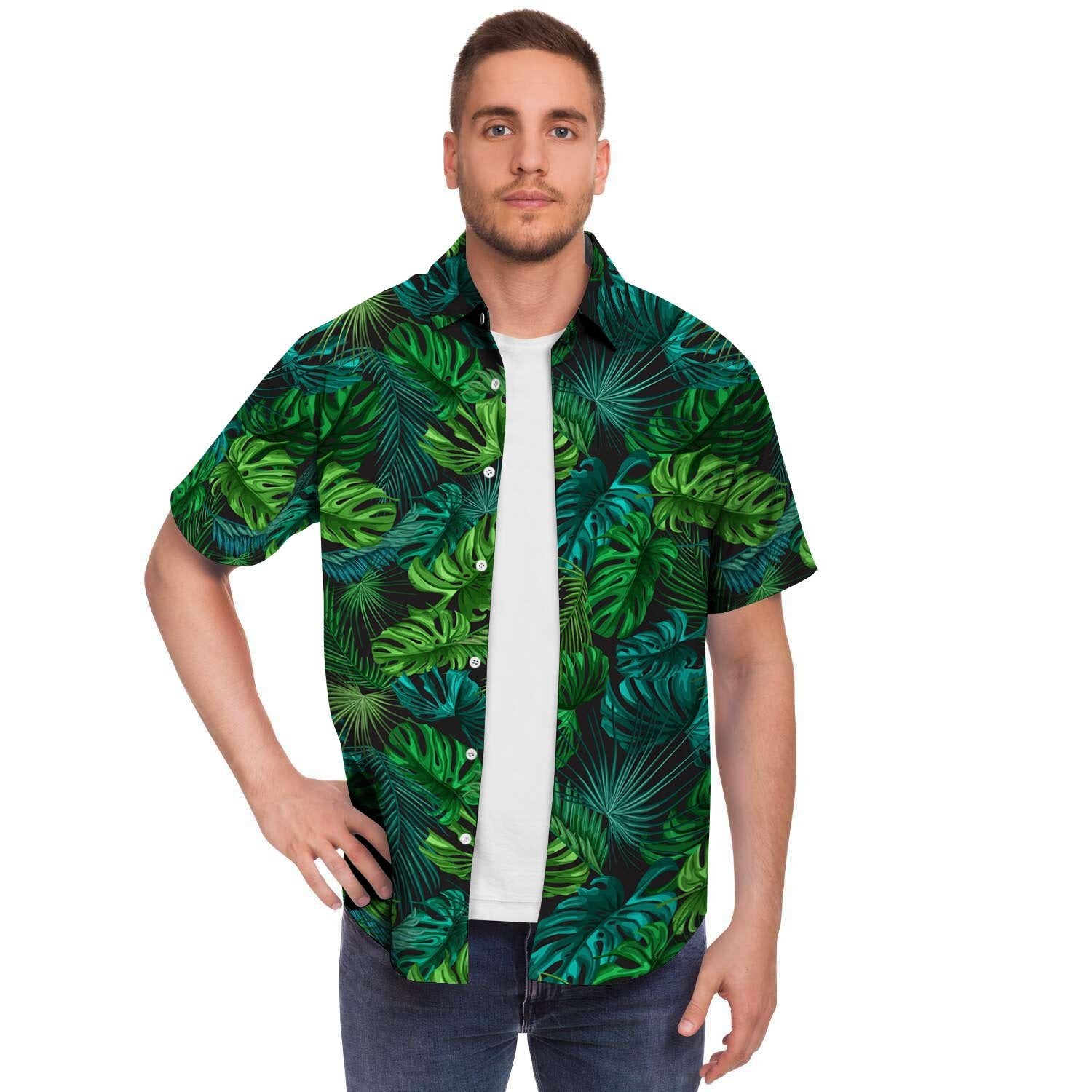 Palm Leaf Tropical Print Men's Short Sleeve Shirt-grizzshop