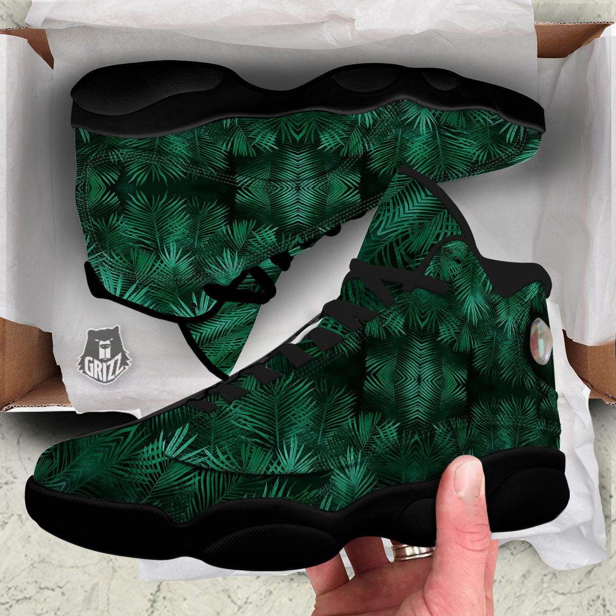 Palm Leaf Tropical Print Pattern Black Basketball Shoes-grizzshop