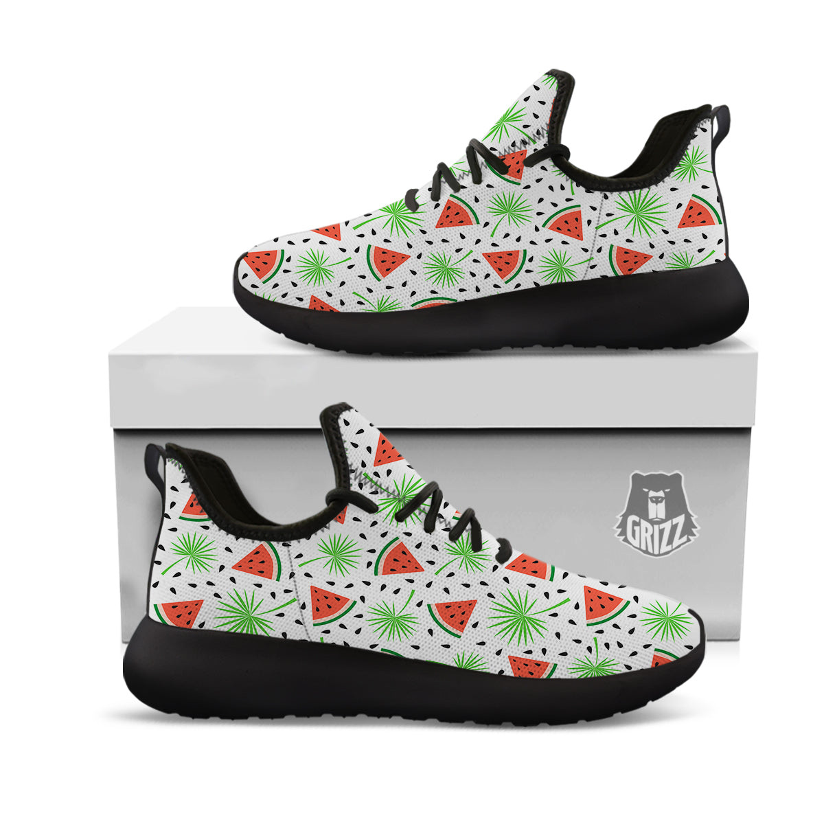 Palm Leaf Watermelon White Print Pattern Black Athletic Shoes-grizzshop