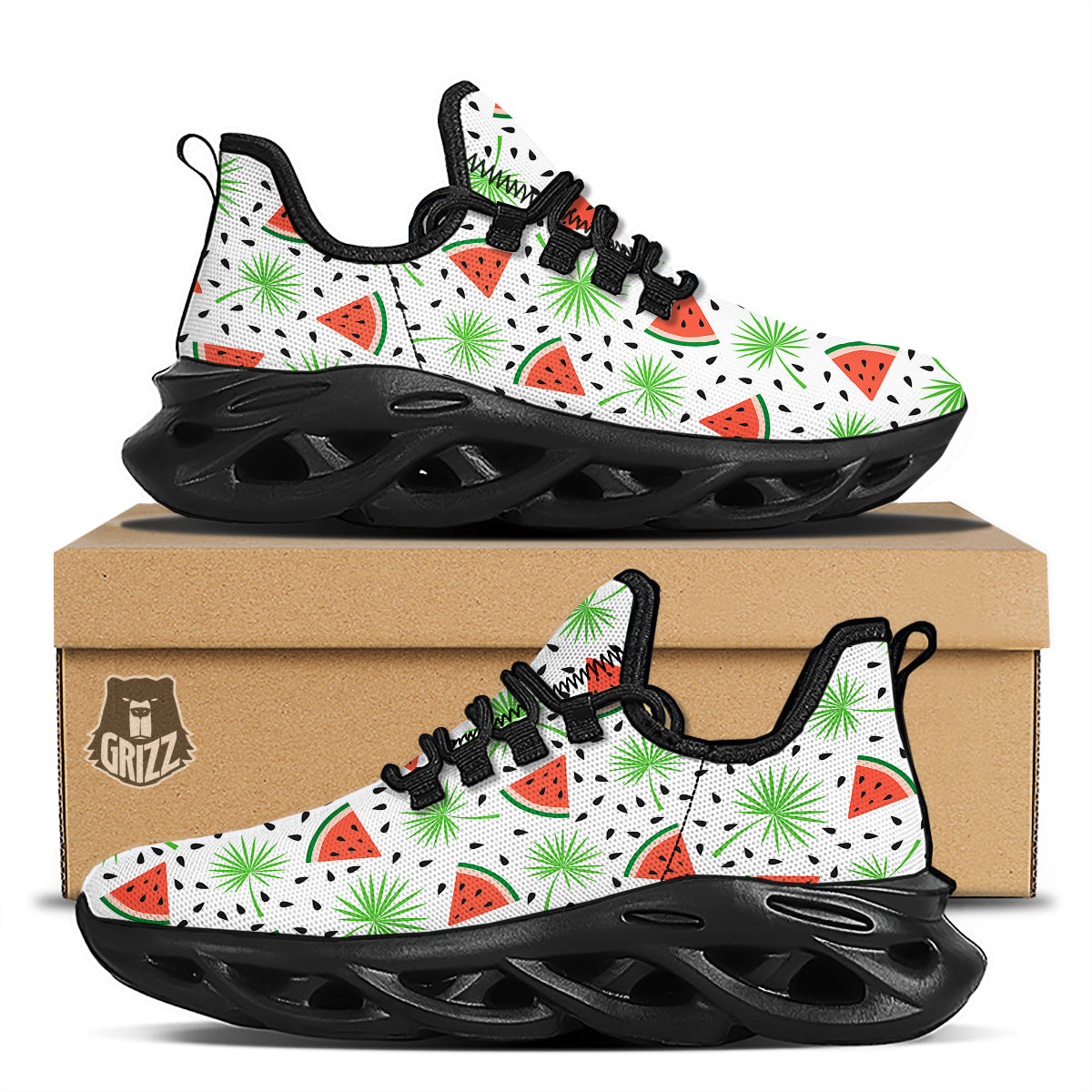Palm Leaf Watermelon White Print Pattern Black Running Shoes-grizzshop