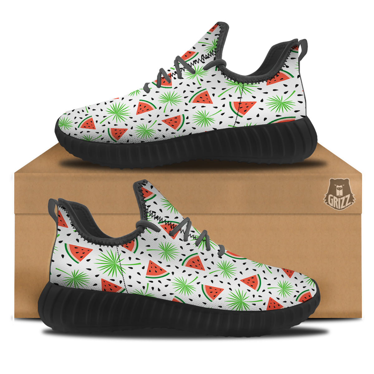 Palm Leaf Watermelon White Print Pattern Black Walking Shoes-grizzshop