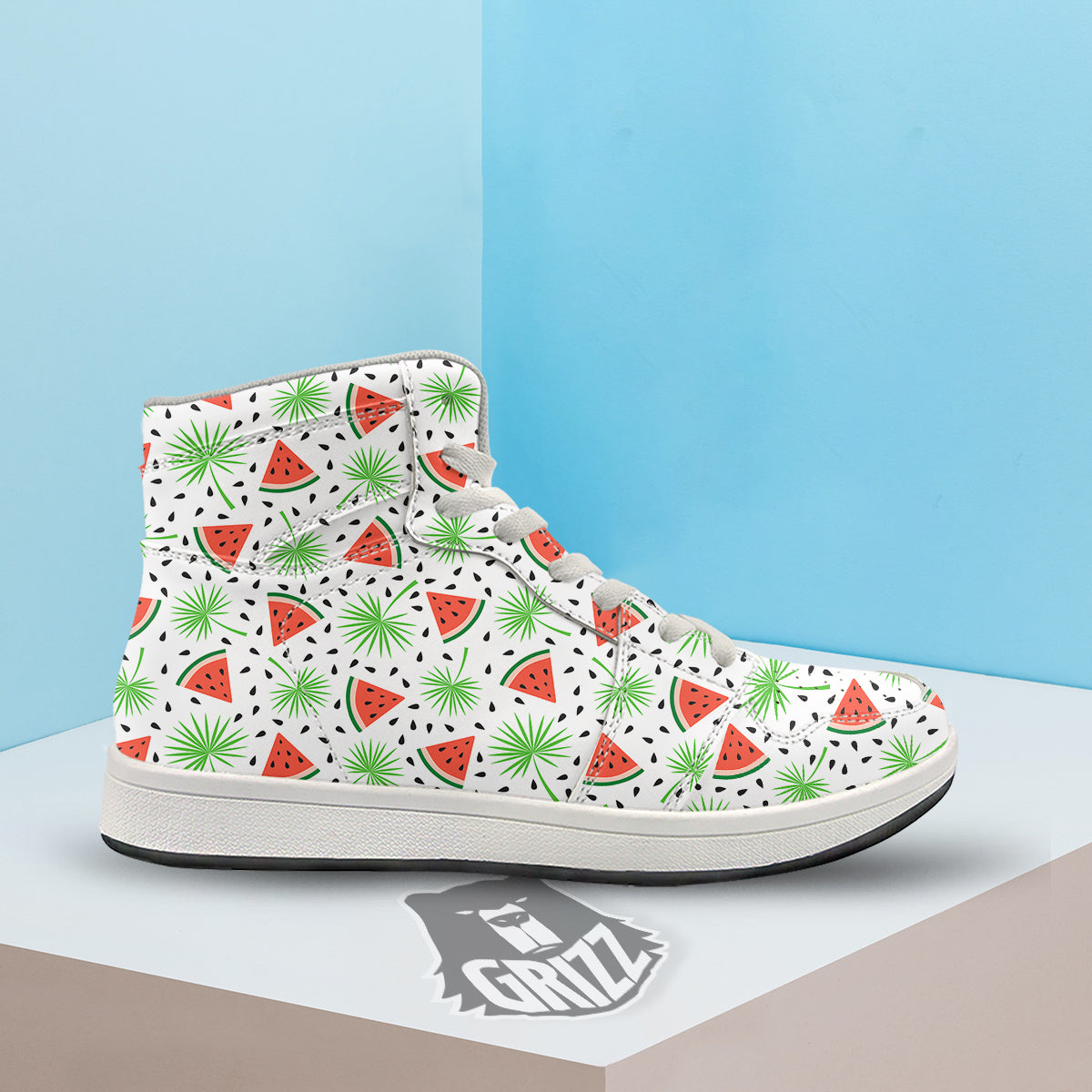 Palm Leaf Watermelon White Print Pattern High Top Sneakers-grizzshop