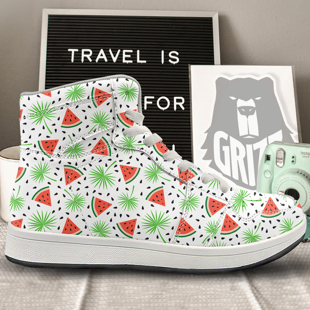 Palm Leaf Watermelon White Print Pattern High Top Sneakers-grizzshop