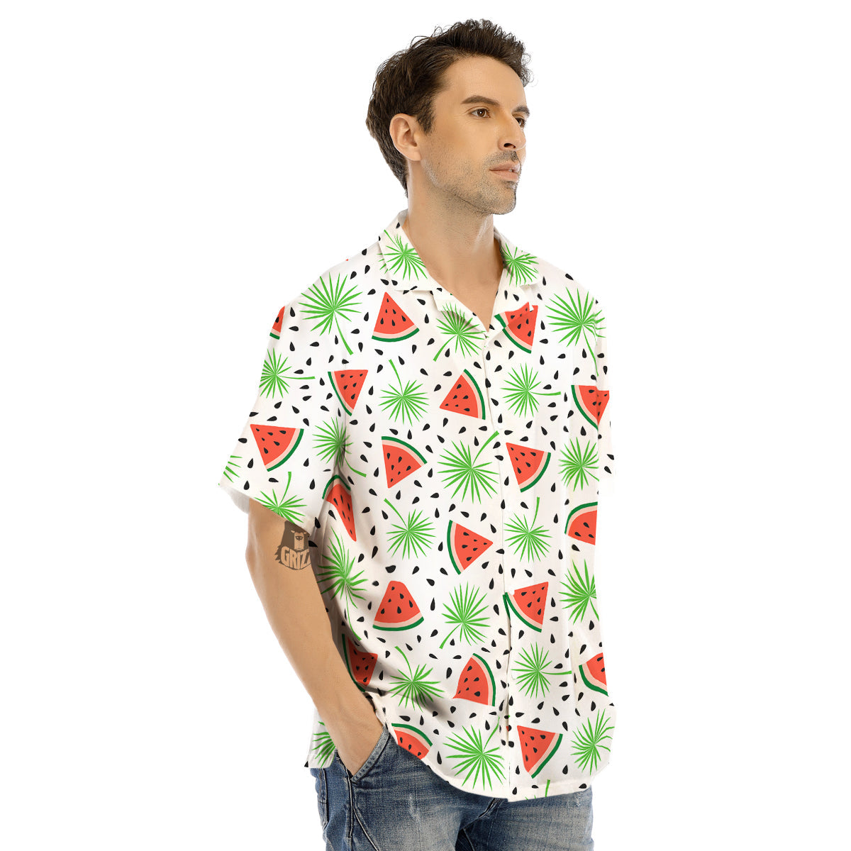 Palm Leaf Watermelon White Print Pattern Men's Hawaiian Shirt-grizzshop