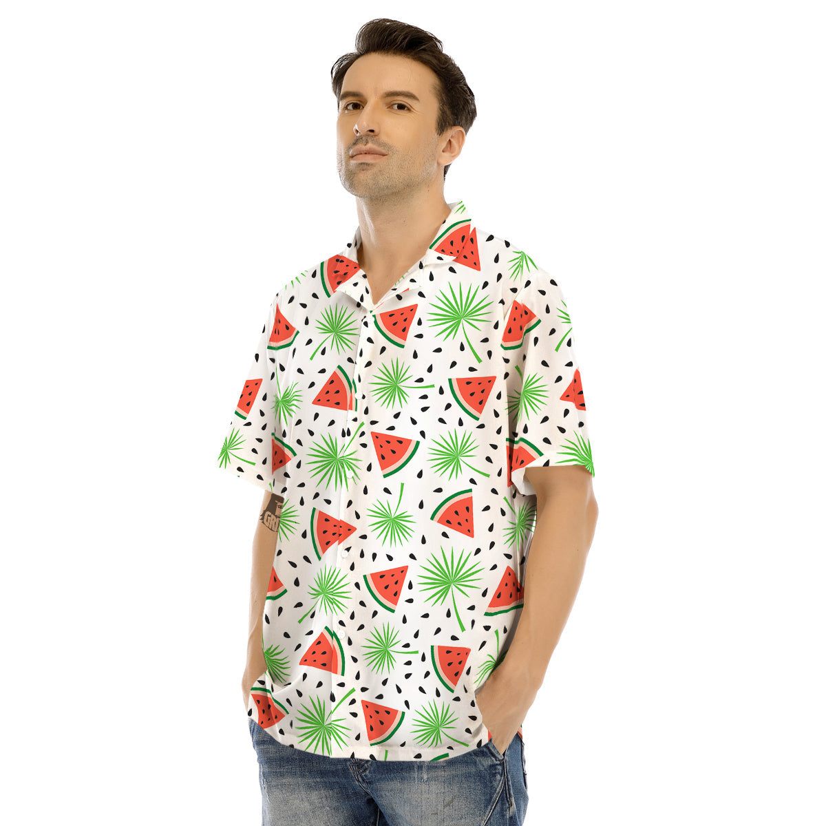Palm Leaf Watermelon White Print Pattern Men's Hawaiian Shirt-grizzshop