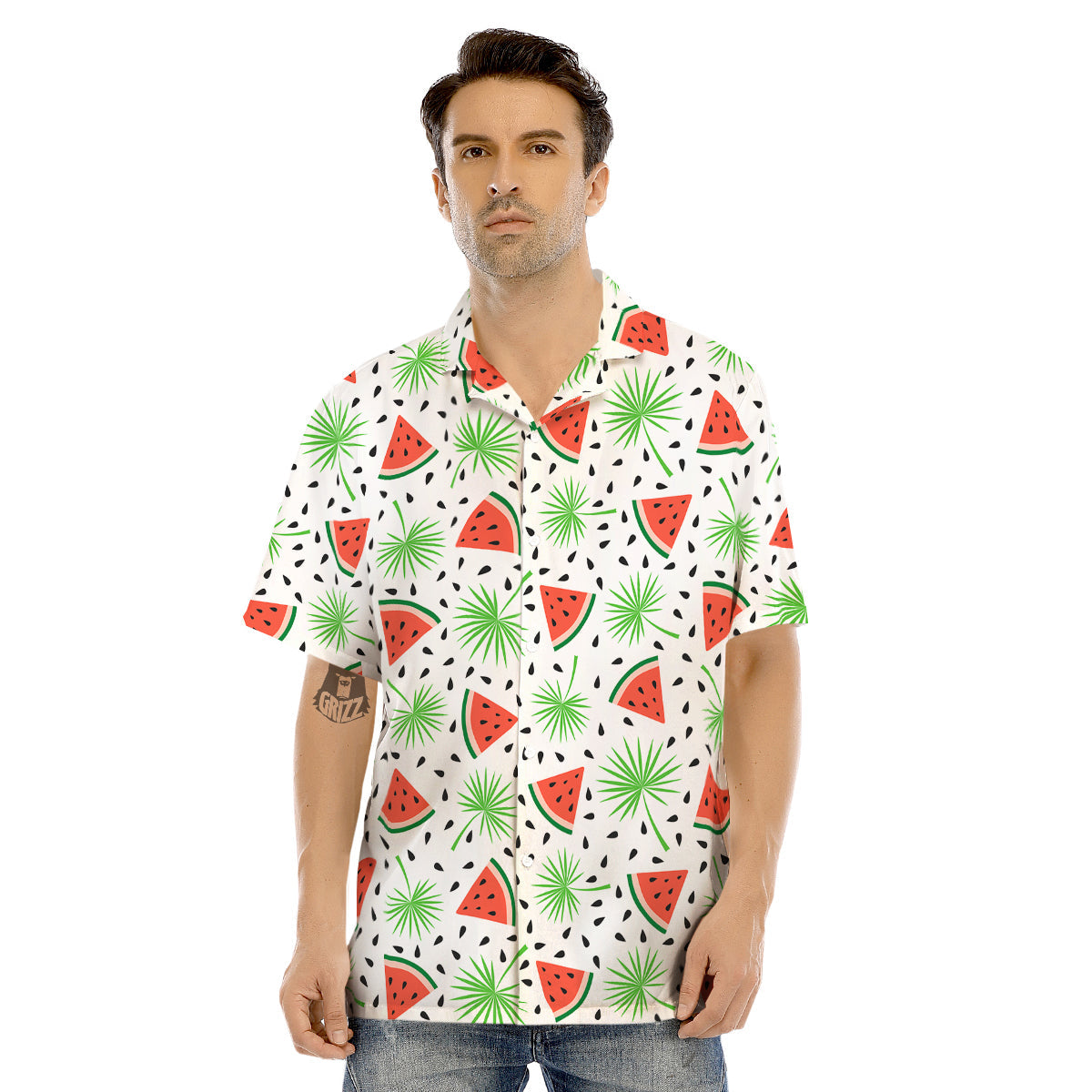 Palm Leaf Watermelon White Print Pattern Men's Hawaiian Shirt-grizzshop