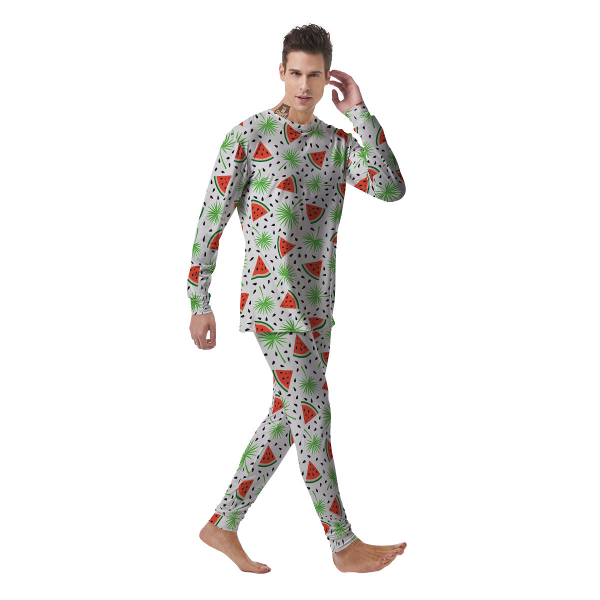 Palm Leaf Watermelon White Print Pattern Men's Pajamas-grizzshop