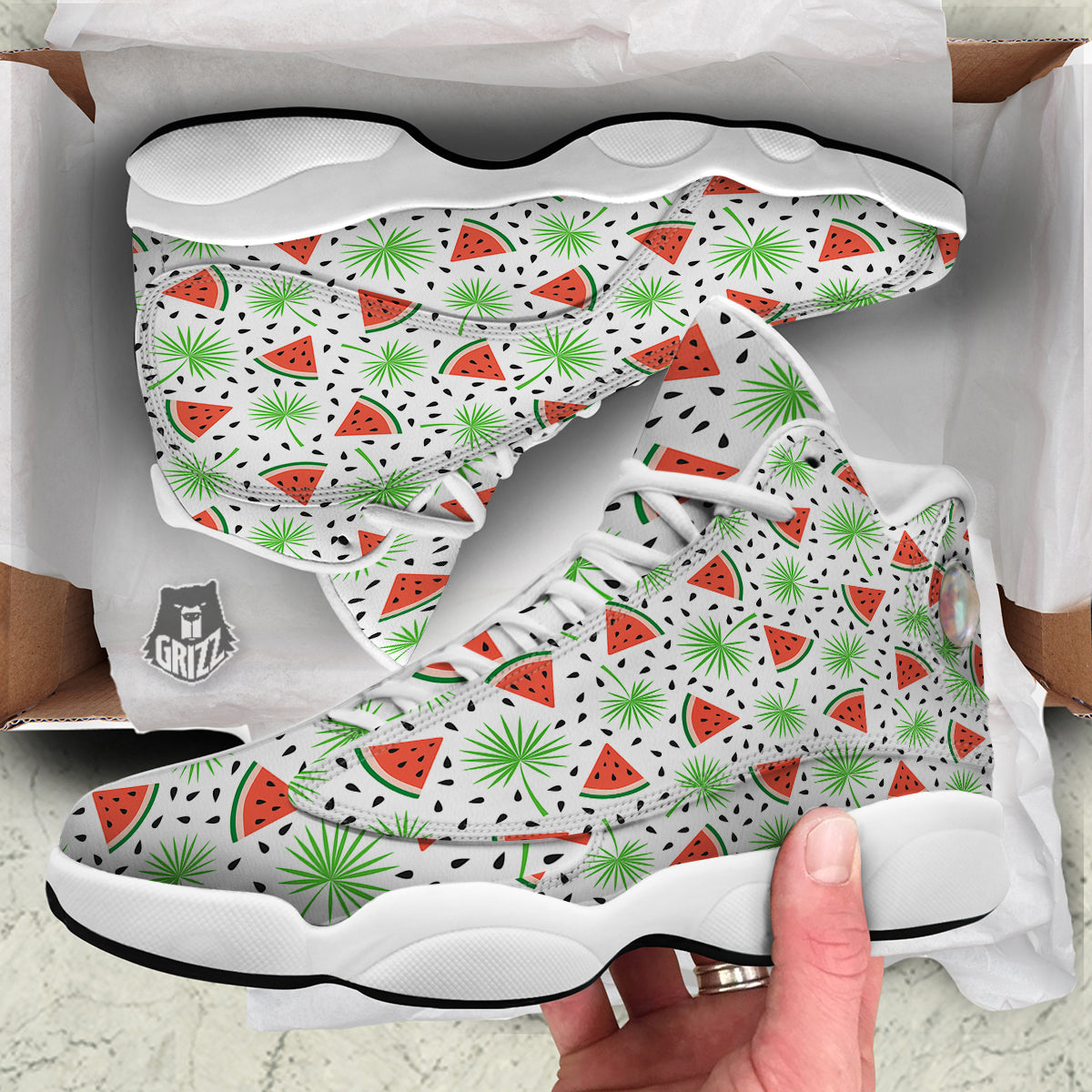 Palm Leaf Watermelon White Print Pattern White Basketball Shoes-grizzshop