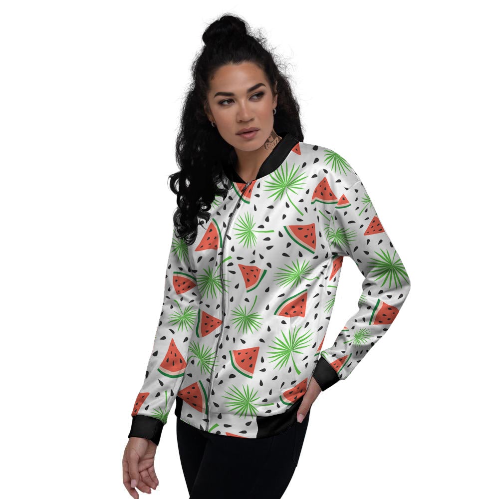 Palm Leaf Watermelon White Print Pattern Women's Bomber Jacket-grizzshop
