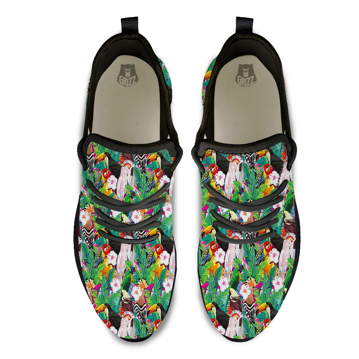 Palm Leaves And Bird Of Paradise Print Black Athletic Shoes-grizzshop