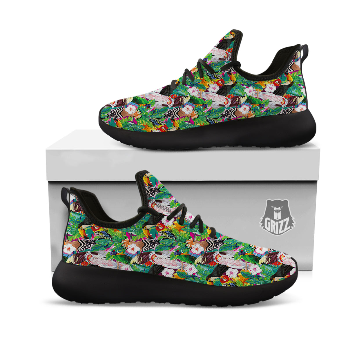 Palm Leaves And Bird Of Paradise Print Black Athletic Shoes-grizzshop