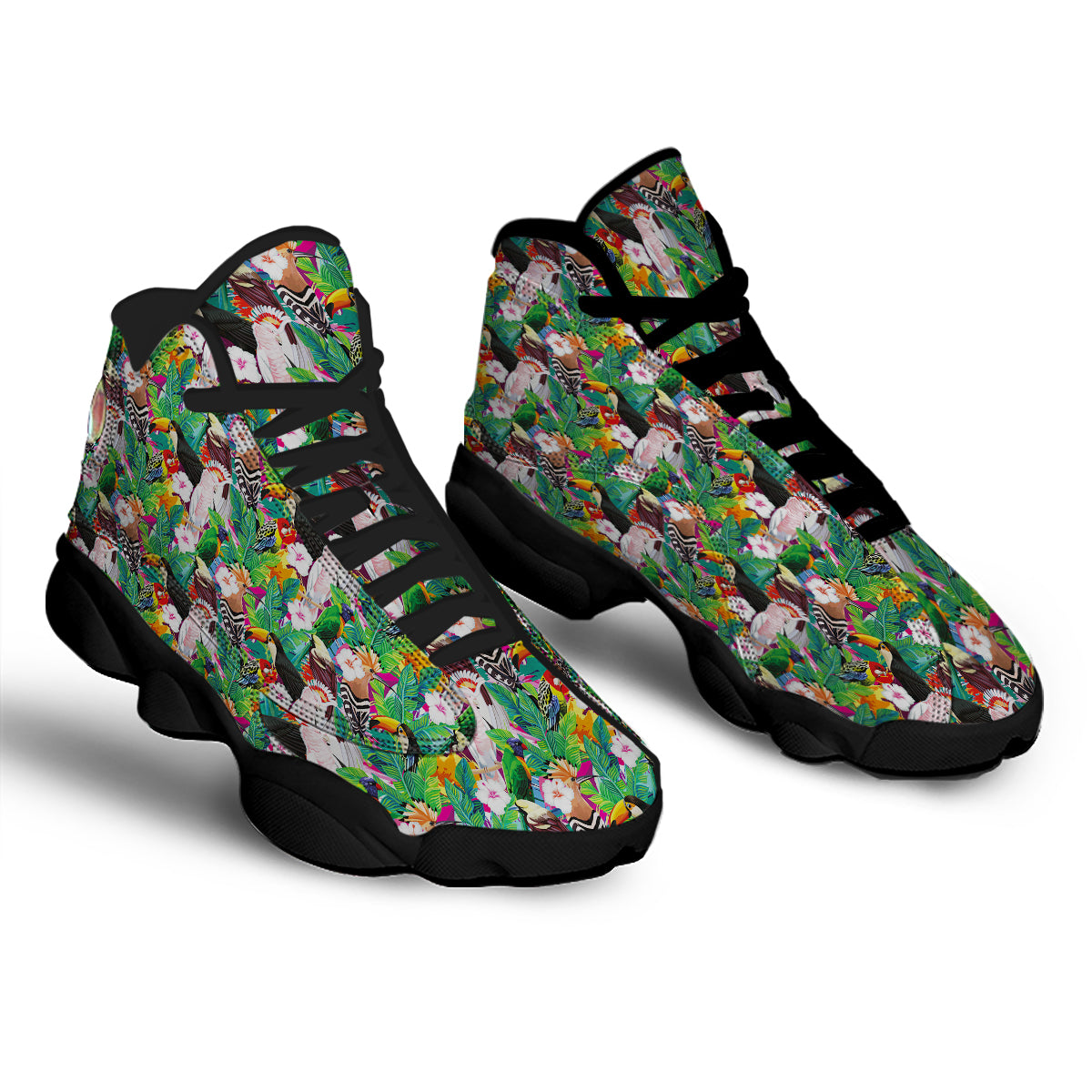 Palm Leaves And Bird Of Paradise Print Black Basketball Shoes-grizzshop