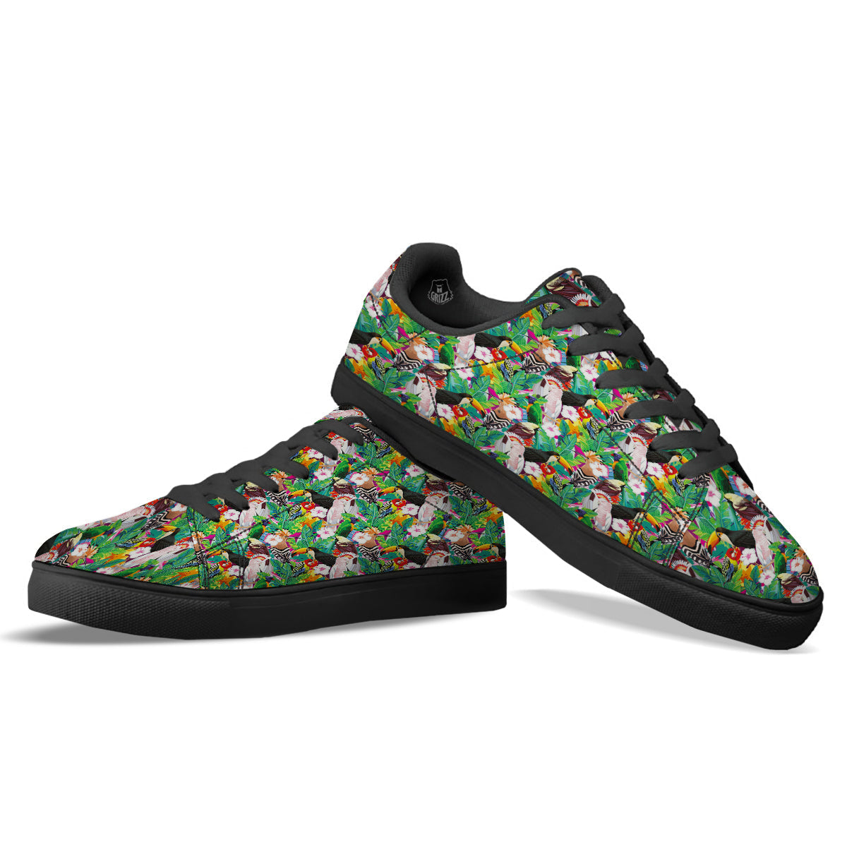 Palm Leaves And Bird Of Paradise Print Black Low Top Sneakers-grizzshop