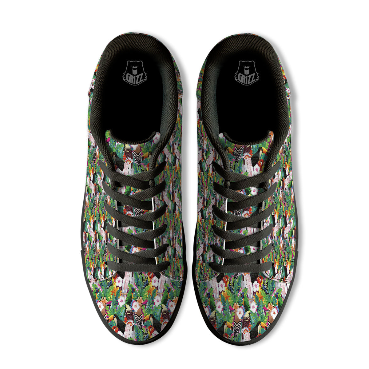 Palm Leaves And Bird Of Paradise Print Black Low Top Sneakers-grizzshop