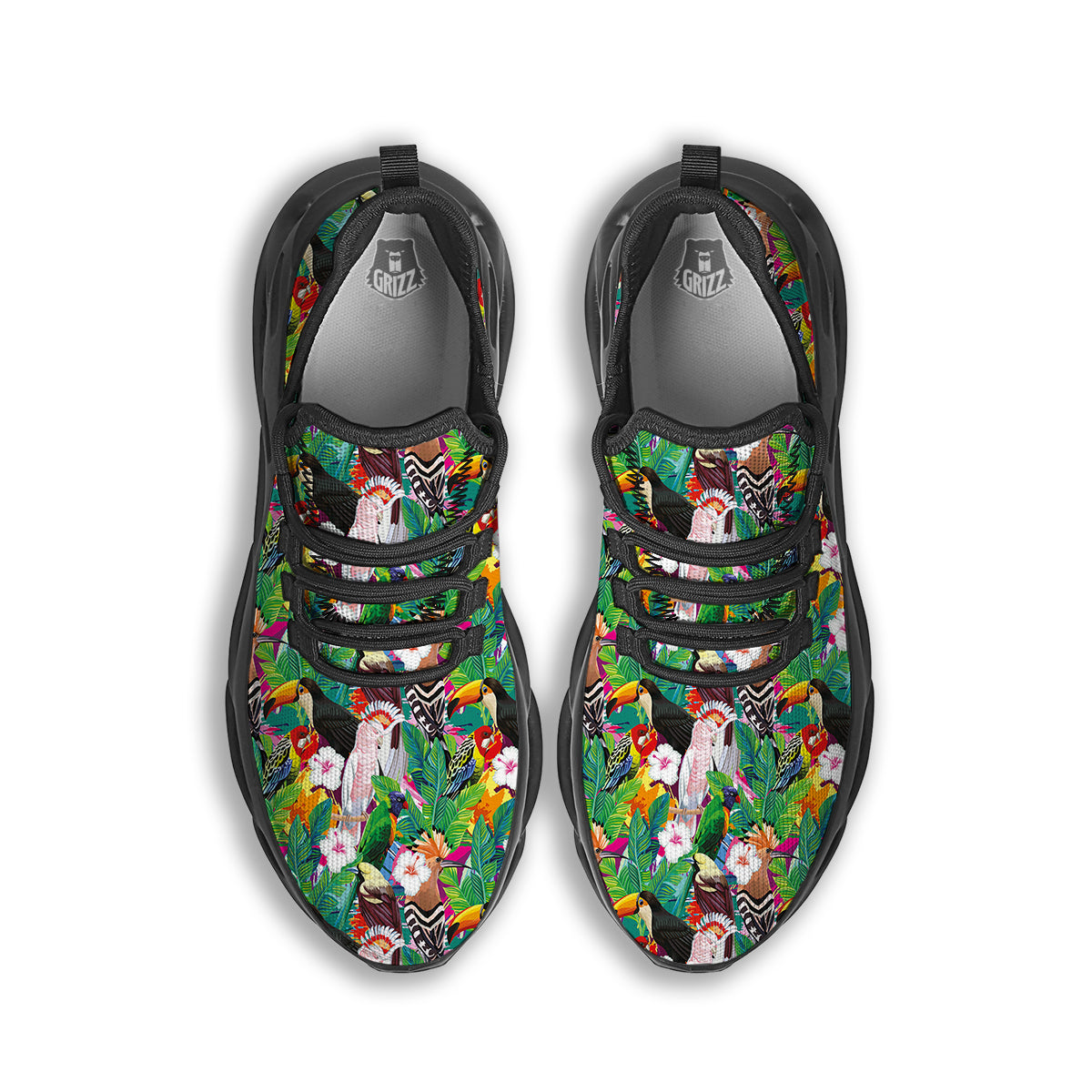 Palm Leaves And Bird Of Paradise Print Black Running Shoes-grizzshop