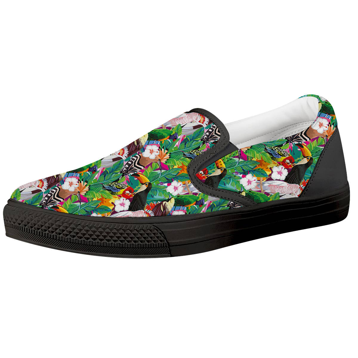 Palm Leaves And Bird Of Paradise Print Black Slip On Shoes-grizzshop