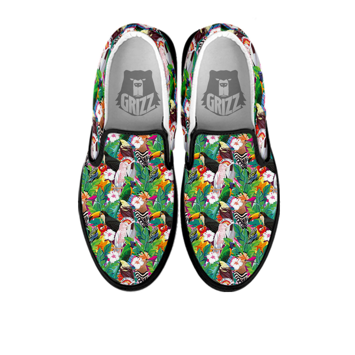 Palm Leaves And Bird Of Paradise Print Black Slip On Shoes-grizzshop