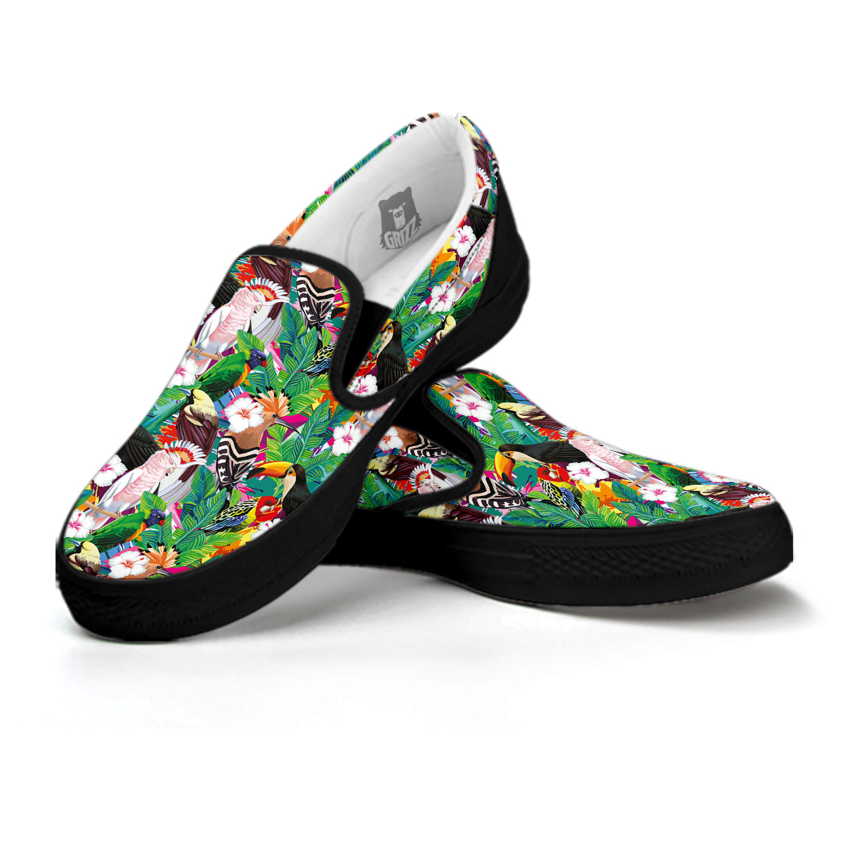 Palm Leaves And Bird Of Paradise Print Black Slip On Shoes-grizzshop
