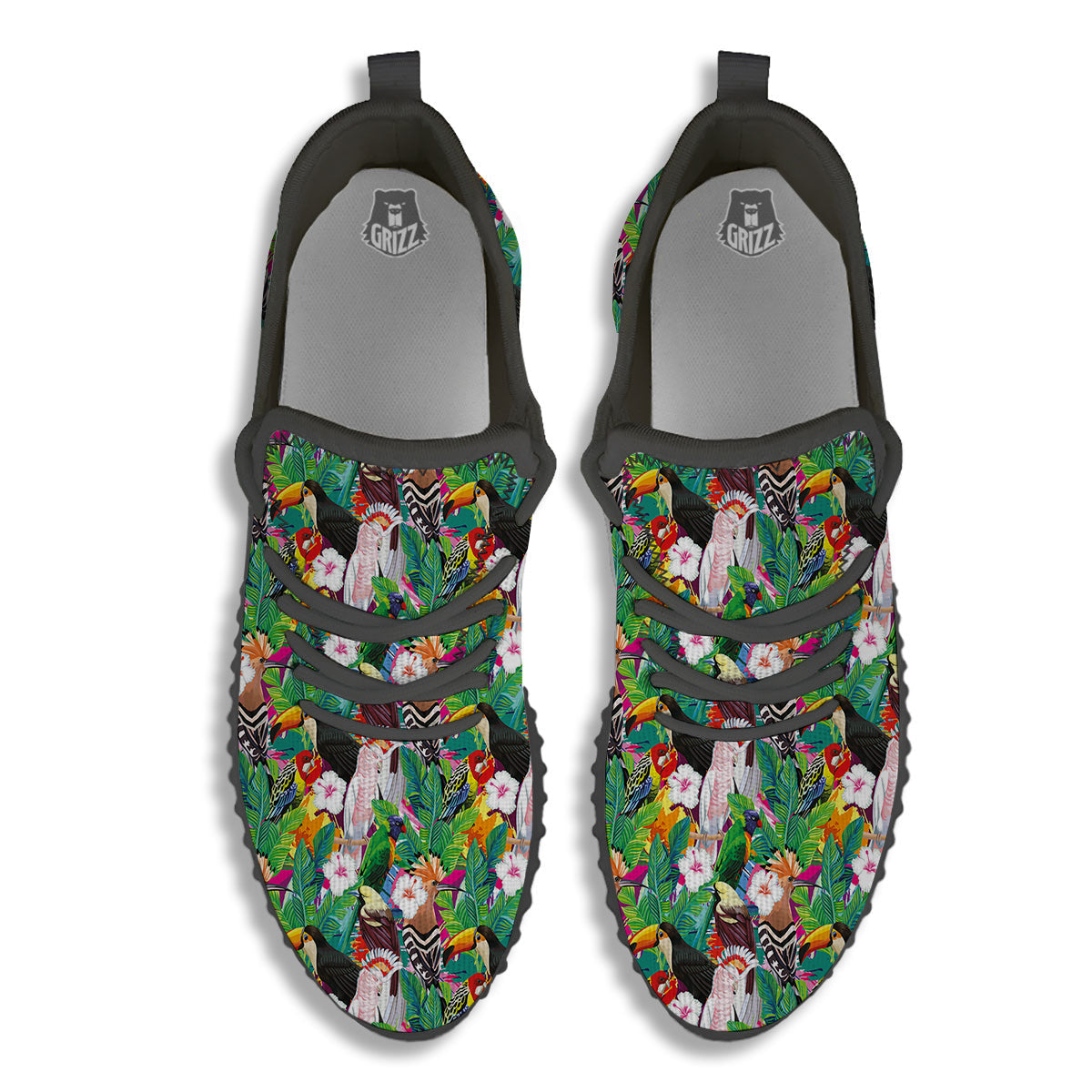 Palm Leaves And Bird Of Paradise Print Black Walking Shoes-grizzshop