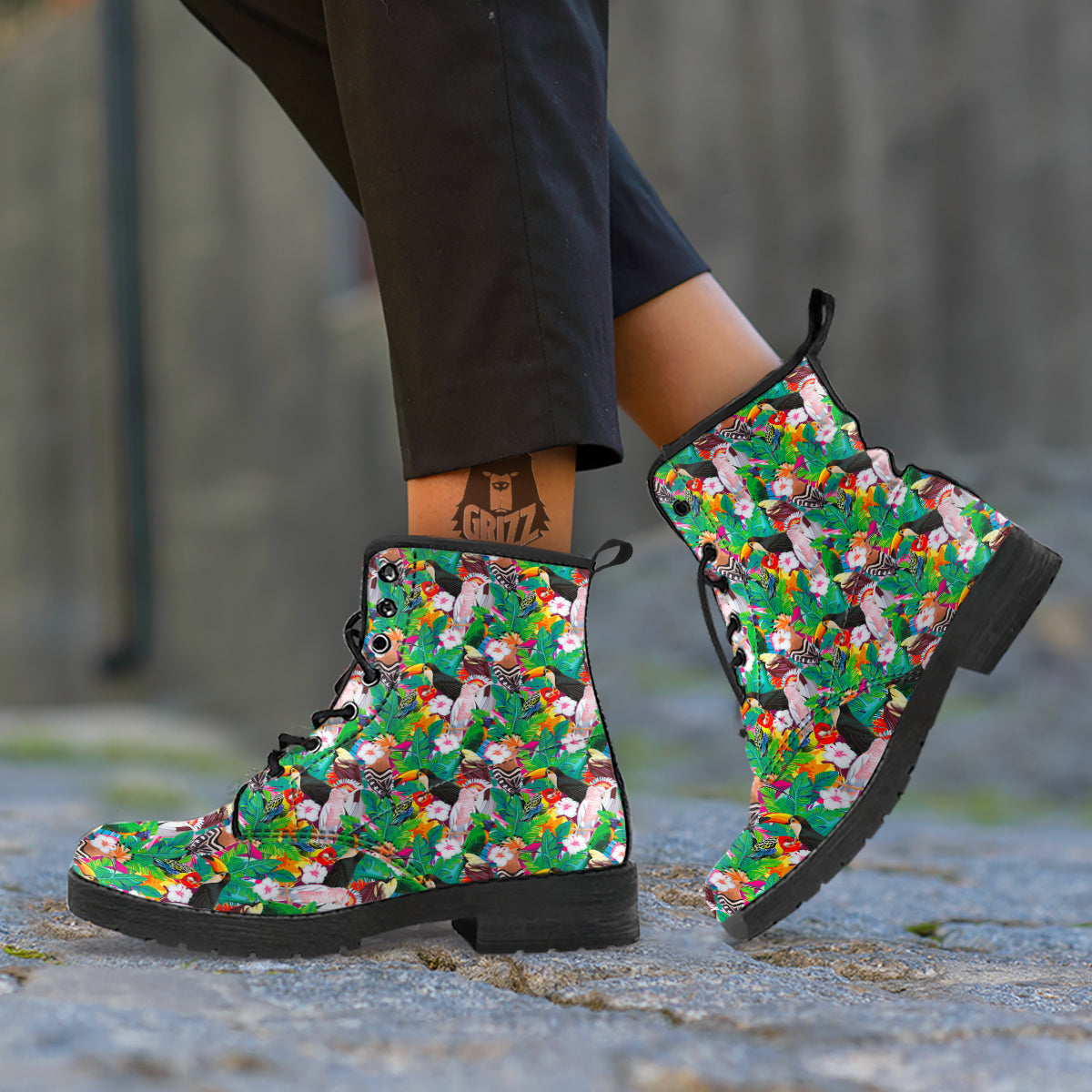 Palm Leaves And Bird Of Paradise Print Leather Boots-grizzshop
